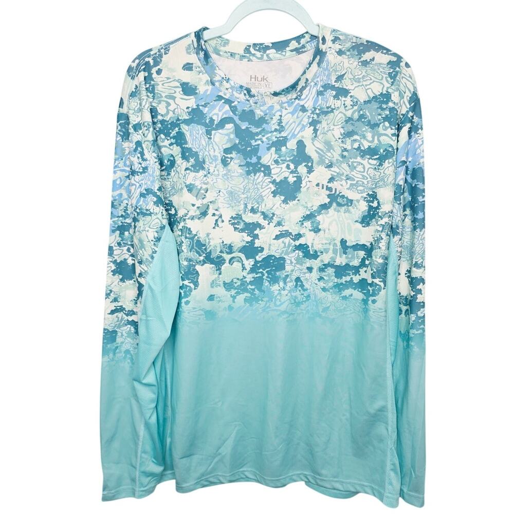HUK Men’s Turquoise Camo Long Sleeve Performance Fishing Shirt XL UPF Outdoor